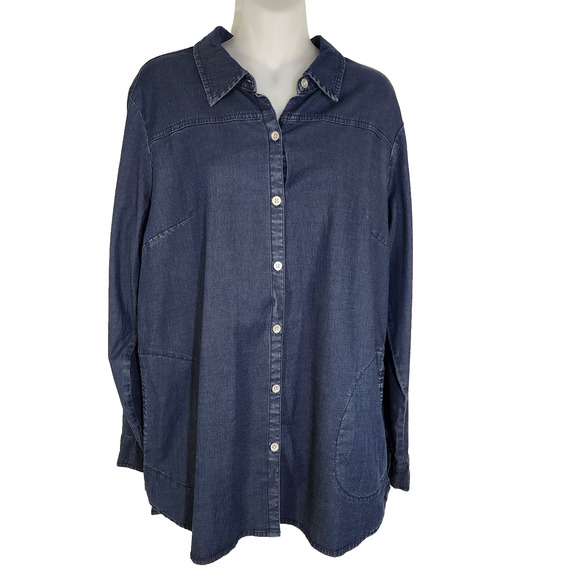 Denim & Co Women Stretch Chambray Tunic Side Pockets Dark Wash Size Small Button - Picture 1 of 12